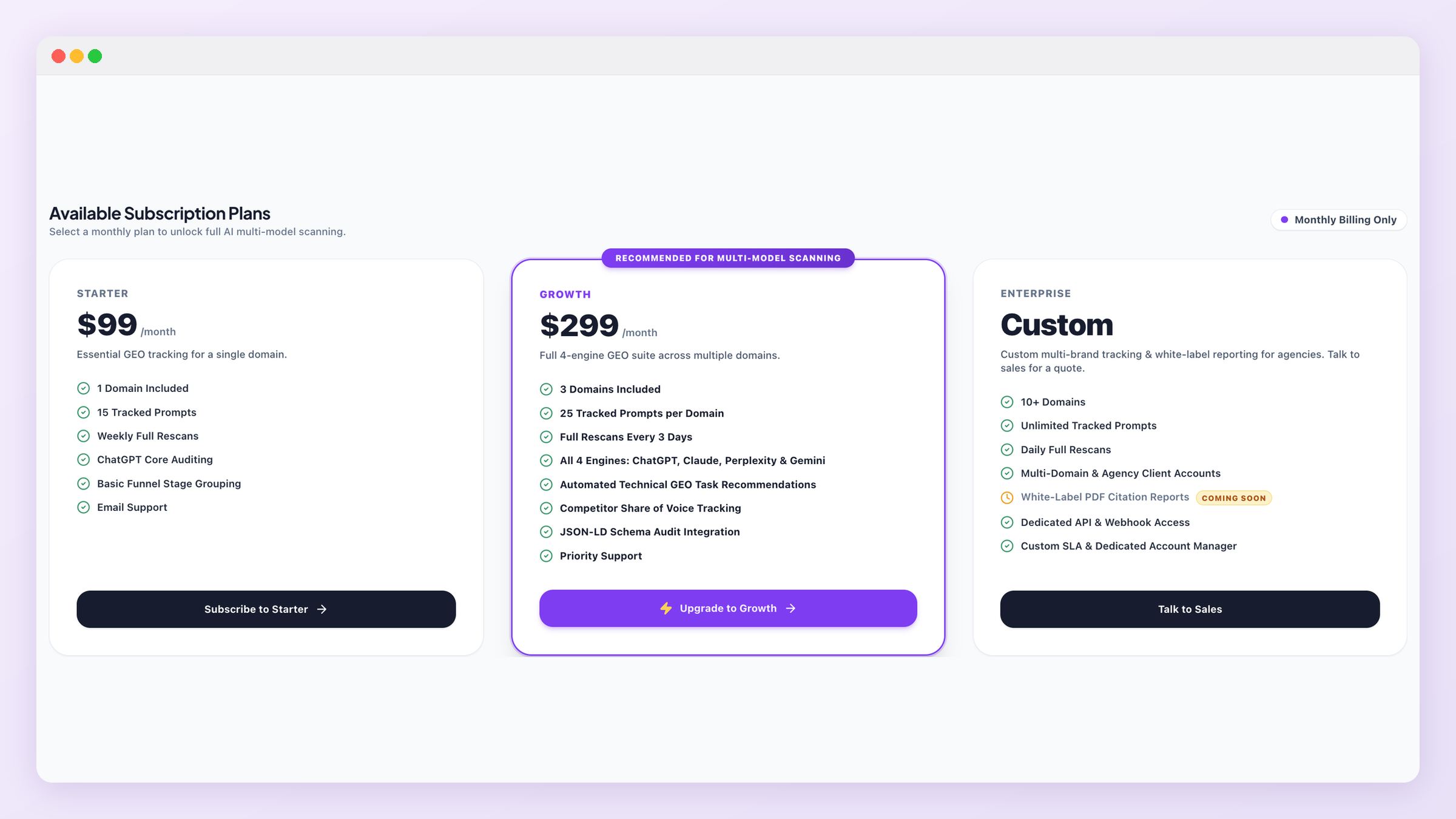 GEOREX Subscription and Plan Settings screen showing Starter, Growth, and Enterprise plans