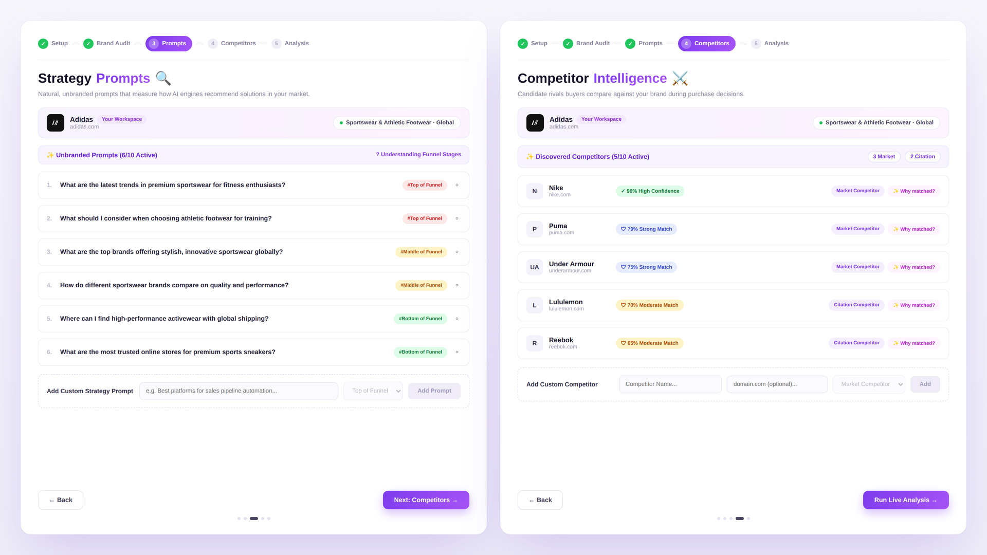 GEOREX onboarding screen showing AI-generated prompts and discovered competitors during Brand Audit setup