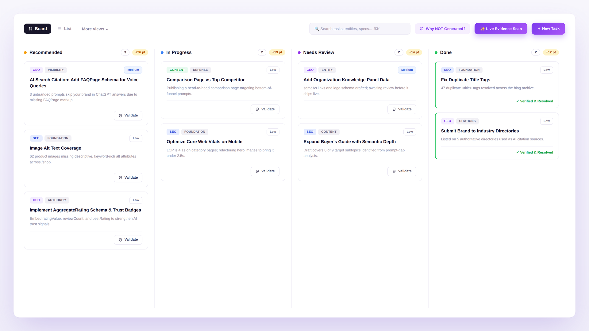 GEOREX Task Board showing GEO tasks organized by category, priority, and status